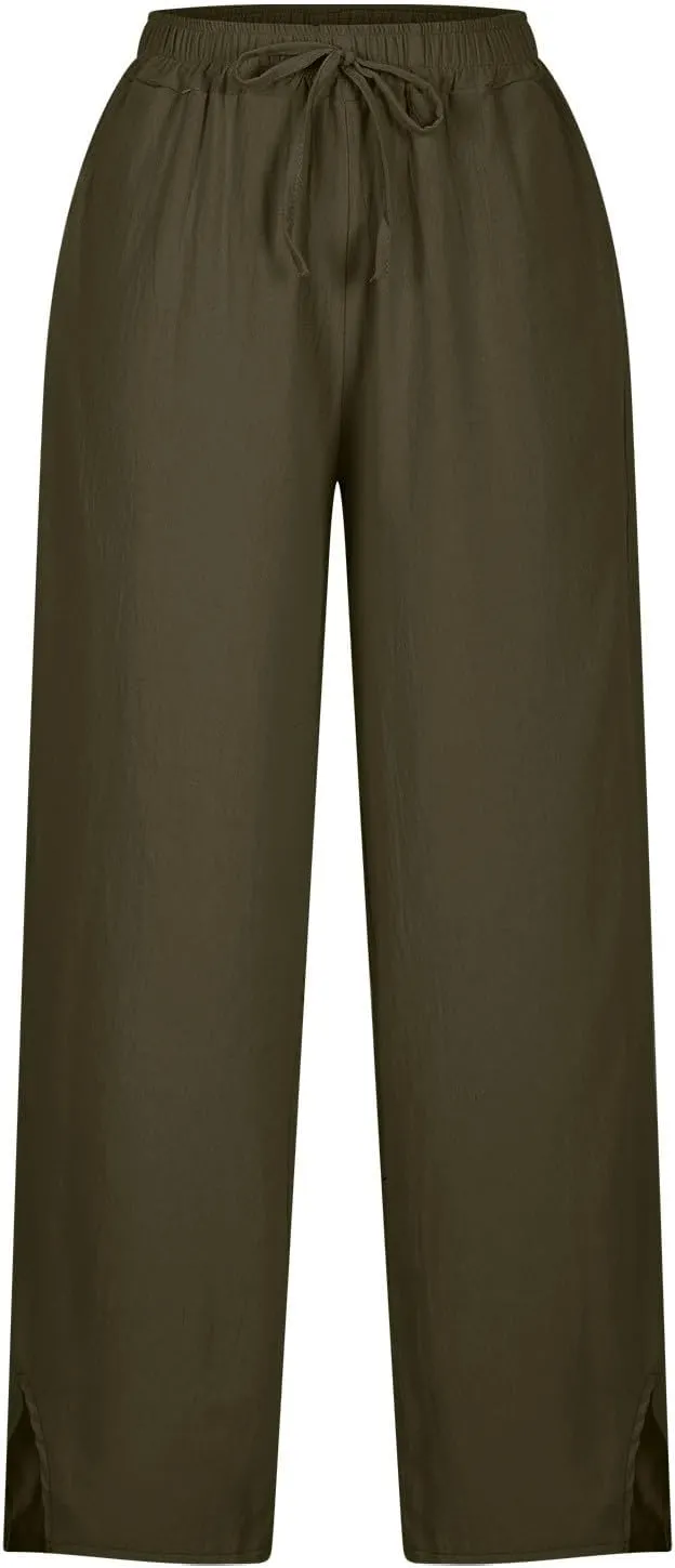 Linen Pants Women High Waist Drawstring Trousers Straight Leg Pants Side Slit Elastic Waist Slacks with Pockets