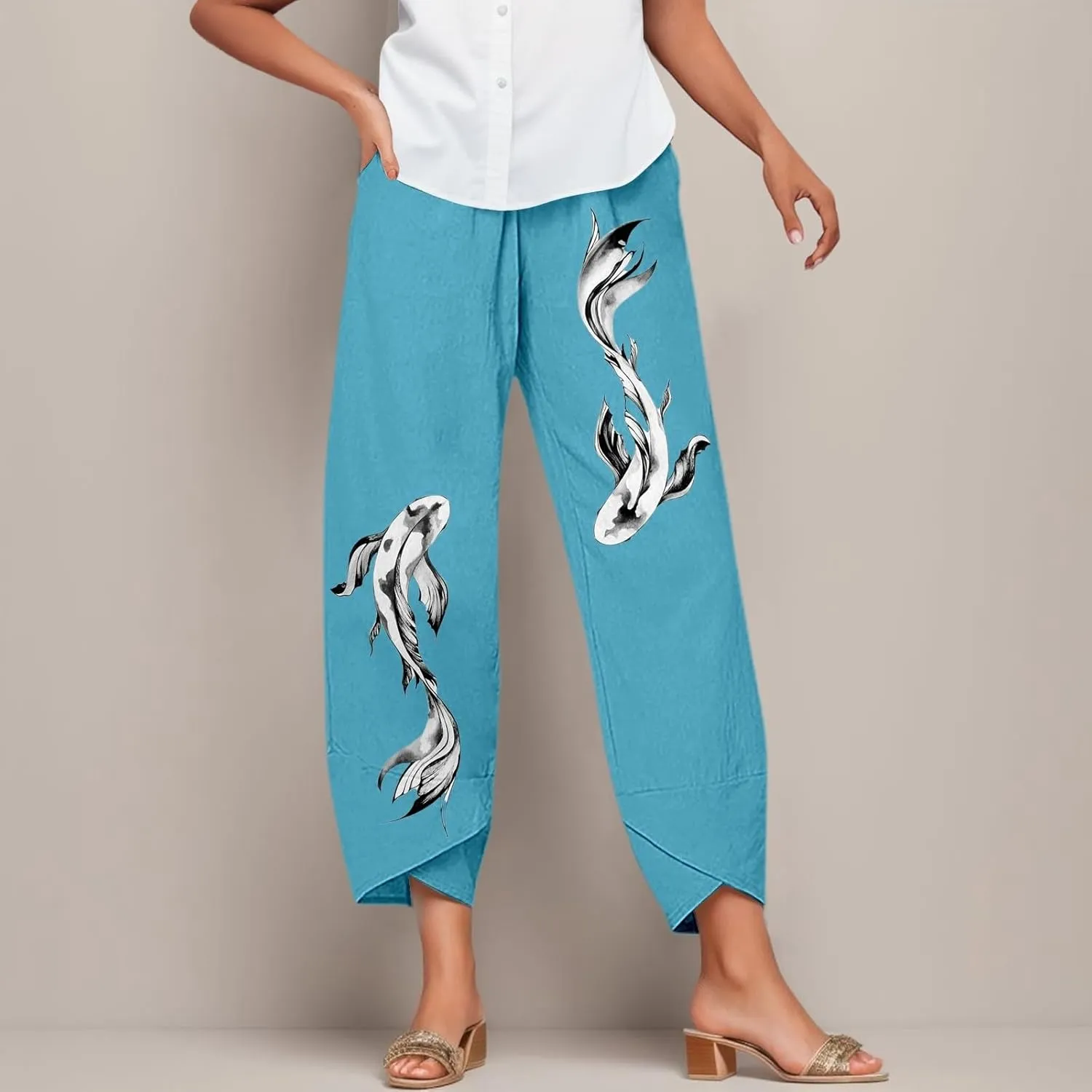 Linen Pants Women Ladies Casual Summer Loose Solid Color Boho Plus Size High Waisted Linen Pants Cotton Comfy Lounge Trousers