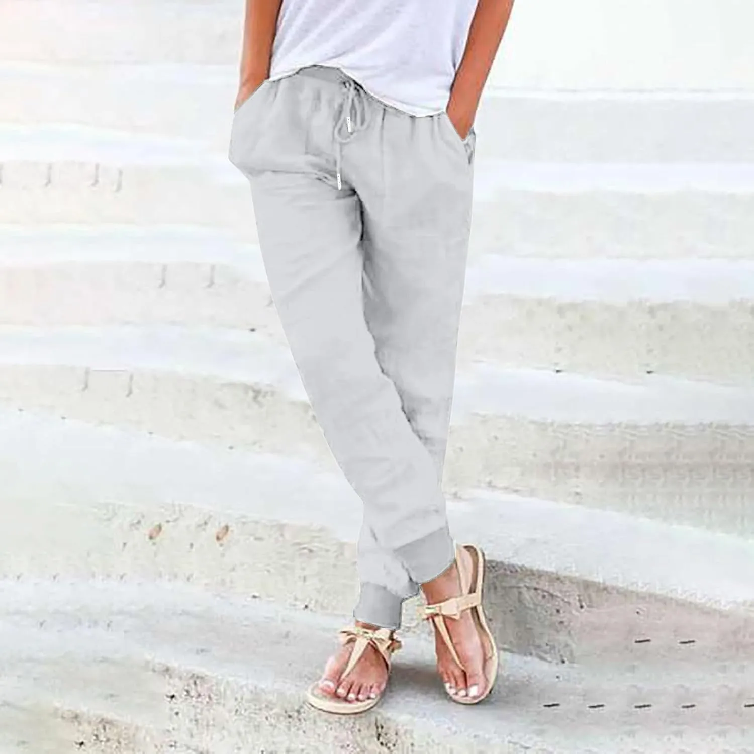 Linen Pants Women Ladies Loose Summer Casual Boho Straight Leg Solid Color High Waisted Linen Pants Plus Size Ankle Trousers