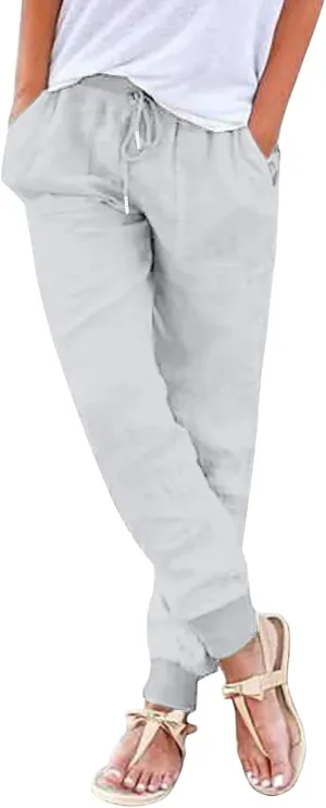 Linen Pants Women Ladies Loose Summer Casual Boho Straight Leg Solid Color High Waisted Linen Pants Plus Size Ankle Trousers