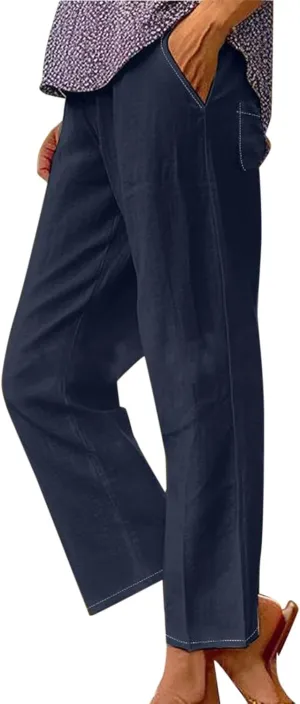Linen Pants Women Petite Straight Leg Dressy Casual Summer Capris Lounge Trousers Cropped Beach Pants with Pockets