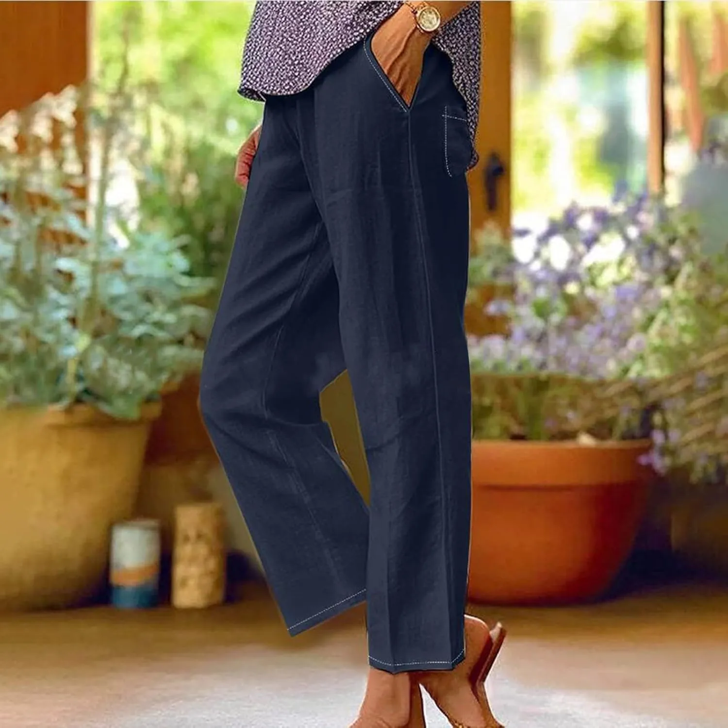 Linen Pants Women Petite Straight Leg Dressy Casual Summer Capris Lounge Trousers Cropped Beach Pants with Pockets