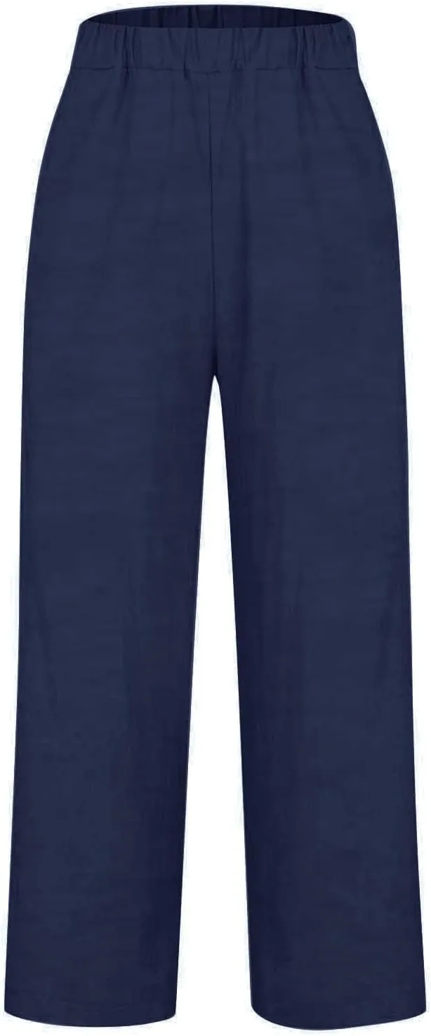 Linen Pants Women Petite Straight Leg Dressy Casual Summer Capris Lounge Trousers Cropped Beach Pants with Pockets
