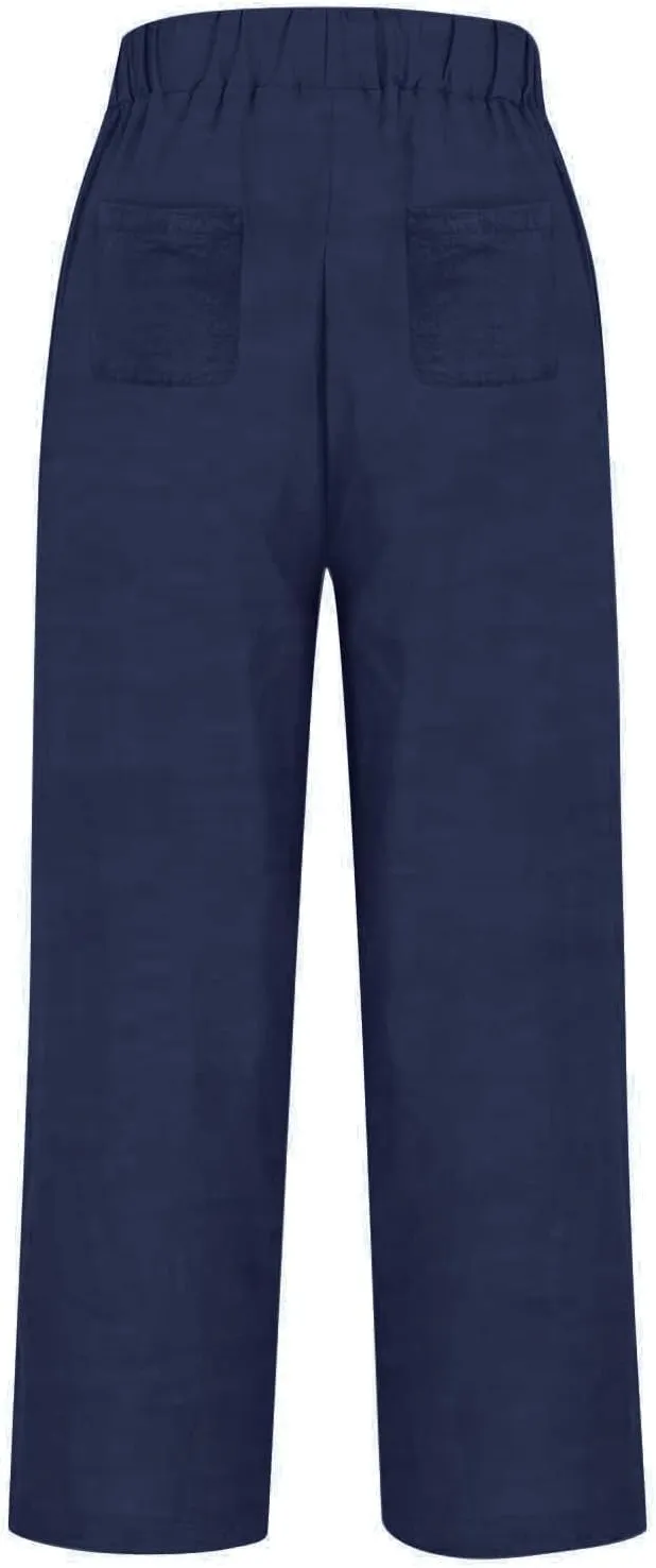Linen Pants Women Petite Straight Leg Dressy Casual Summer Capris Lounge Trousers Cropped Beach Pants with Pockets