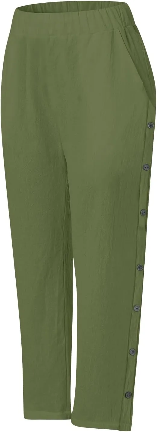 Linen Pants Women Petite Wide Leg Summer Elastic Waist Lounge Trousers Casual Lightweight Capri Pants with Pockets