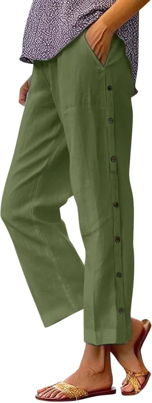 Linen Pants Women Petite Wide Leg Summer Elastic Waist Lounge Trousers Casual Lightweight Capri Pants with Pockets