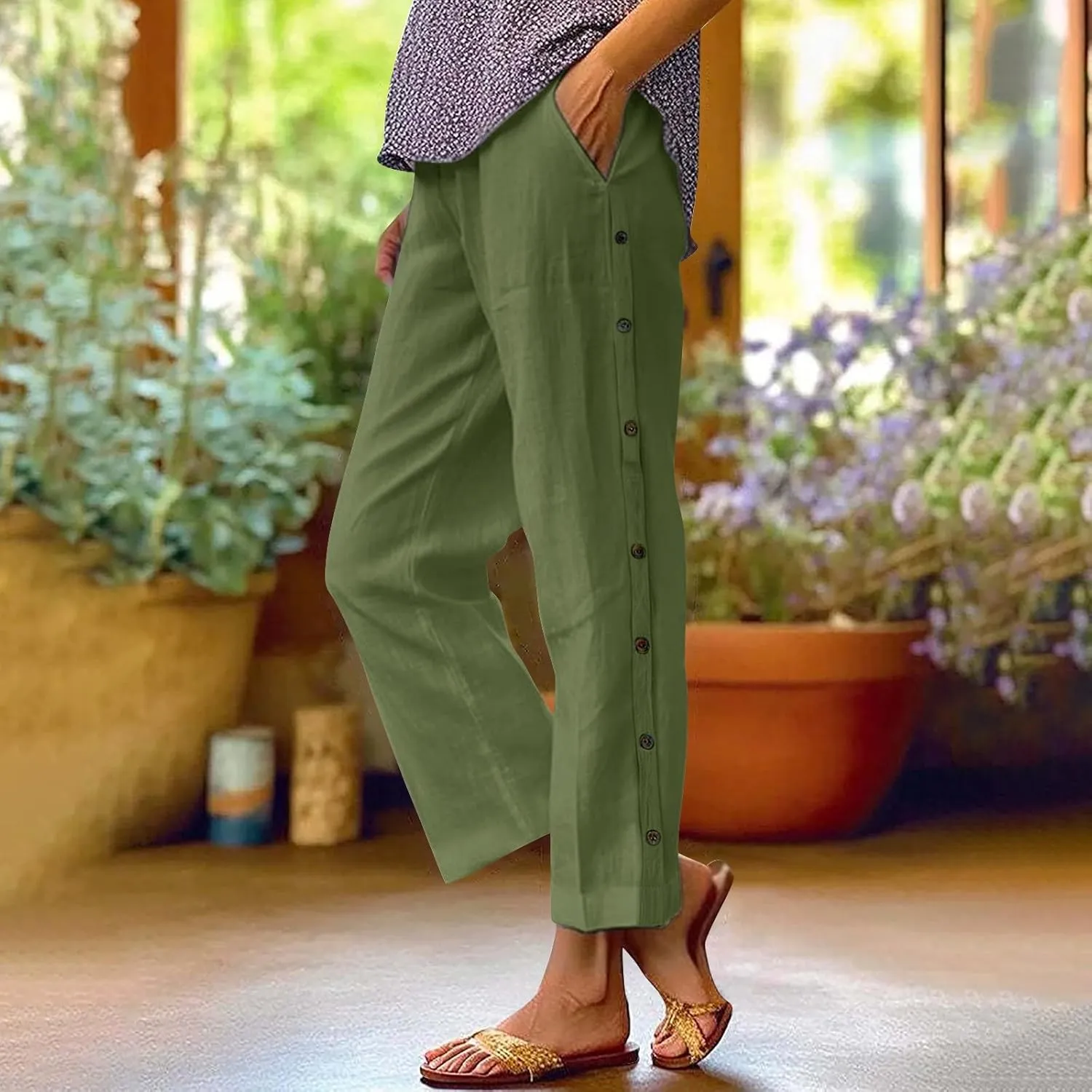 Linen Pants Women Petite Wide Leg Summer Elastic Waist Lounge Trousers Casual Lightweight Capri Pants with Pockets