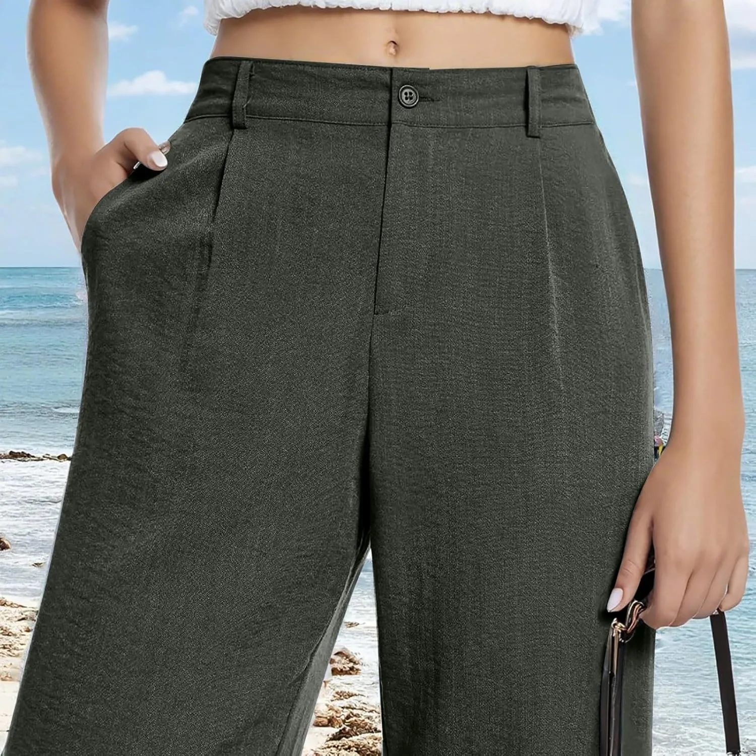 Linen Pants Women Summer Button Down Elastic High Waisted Straight Wide Leg Work Pants Business Casual Trouser Pants