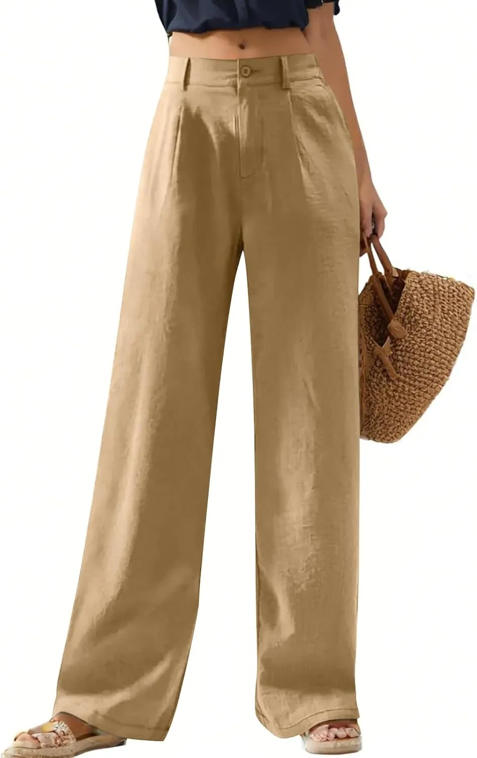Linen Pants Women Summer Button Down Elastic High Waisted Straight Wide Leg Work Pants Business Casual Trouser Pants