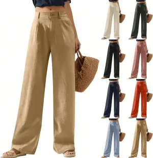 Linen Pants Women Summer Button Down Elastic High Waisted Straight Wide Leg Work Pants Business Casual Trouser Pants