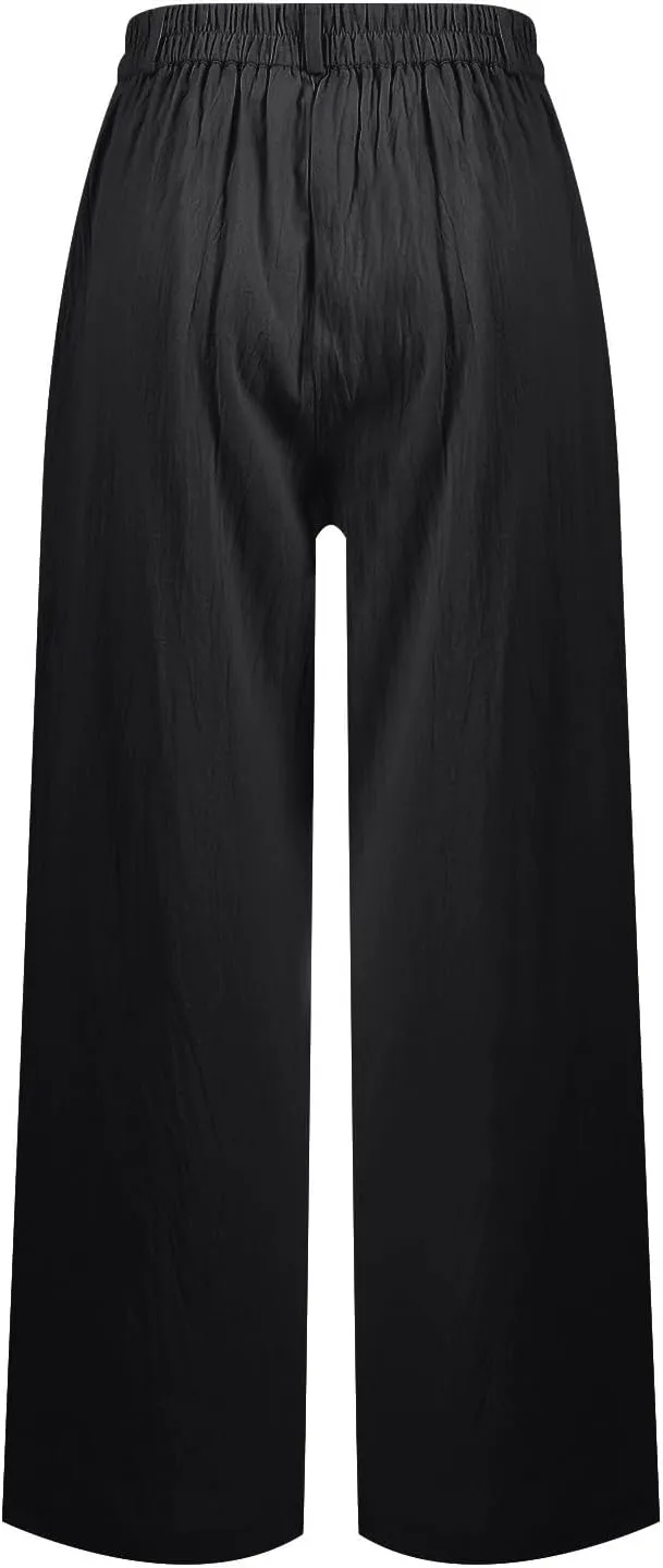 Linen Pants Women Summer Button Down Elastic High Waisted Straight Wide Leg Work Pants Business Casual Trouser Pants