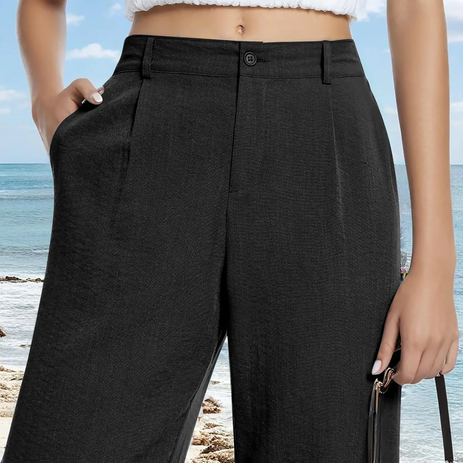 Linen Pants Women Summer Button Down Elastic High Waisted Straight Wide Leg Work Pants Business Casual Trouser Pants