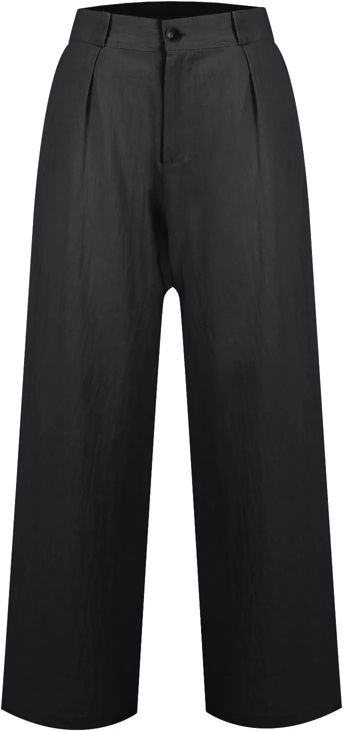 Linen Pants Women Summer Button Down Elastic High Waisted Straight Wide Leg Work Pants Business Casual Trouser Pants