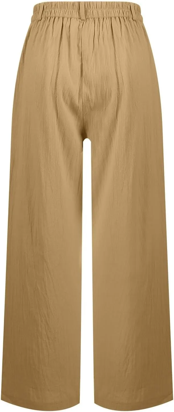 Linen Pants Women Summer Button Down Elastic High Waisted Straight Wide Leg Work Pants Business Casual Trouser Pants