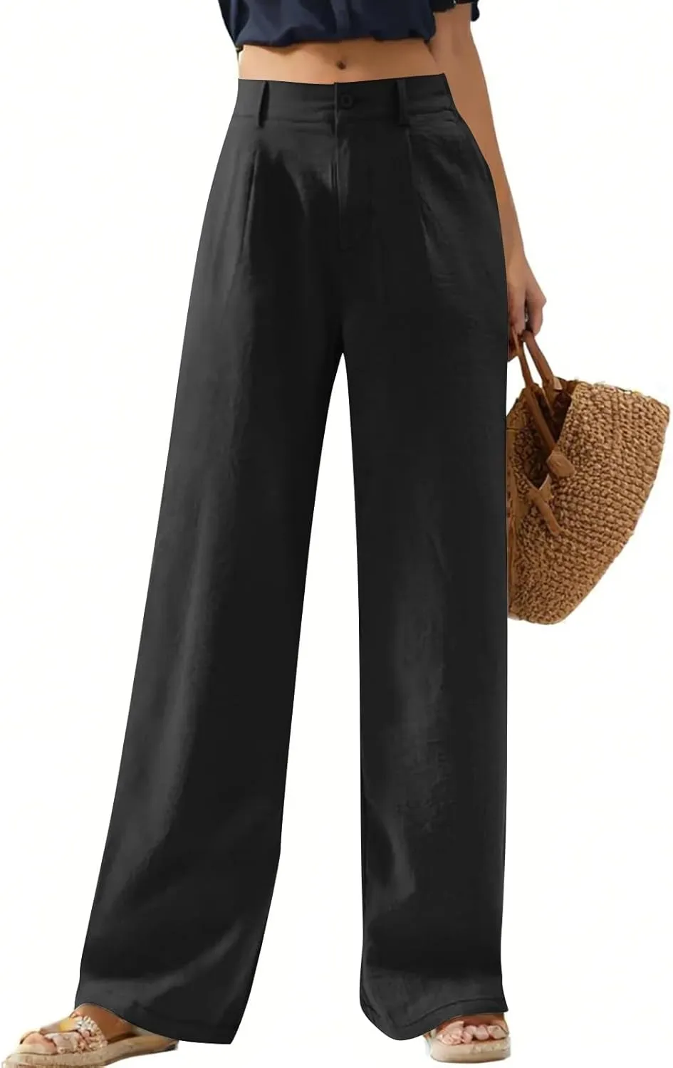 Linen Pants Women Summer Button Down Elastic High Waisted Straight Wide Leg Work Pants Business Casual Trouser Pants