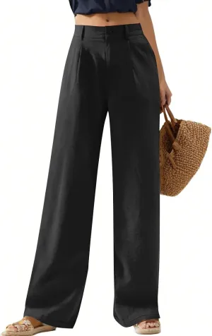 Linen Pants Women Summer Button Down Elastic High Waisted Straight Wide Leg Work Pants Business Casual Trouser Pants