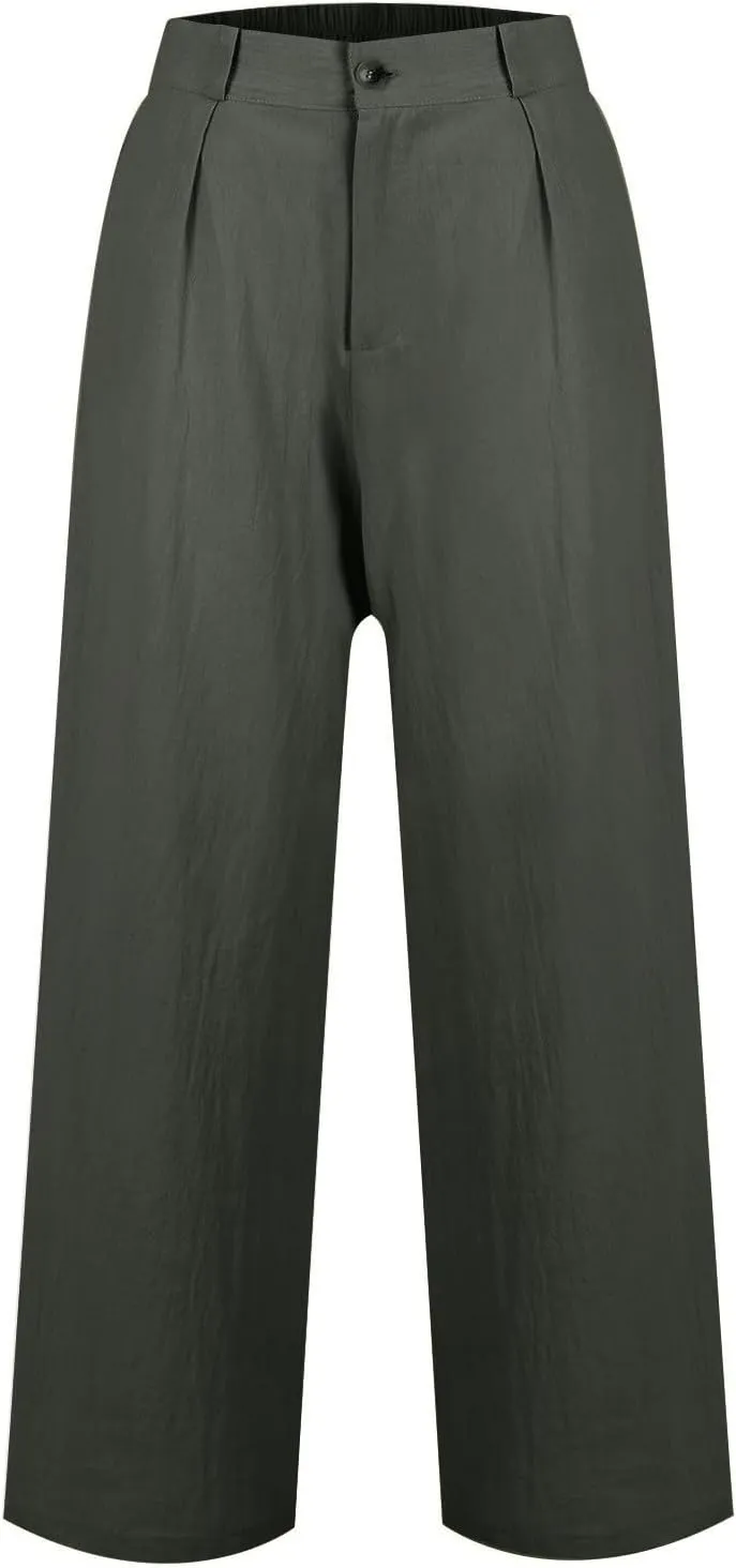 Linen Pants Women Summer Button Down Elastic High Waisted Straight Wide Leg Work Pants Business Casual Trouser Pants