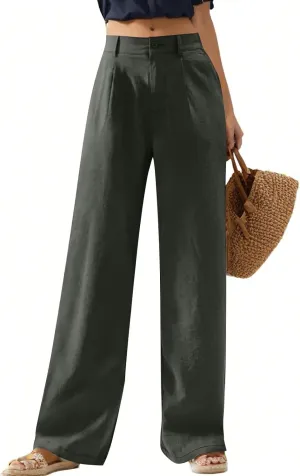 Linen Pants Women Summer Button Down Elastic High Waisted Straight Wide Leg Work Pants Business Casual Trouser Pants