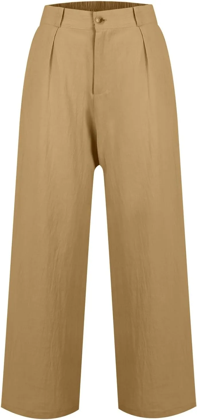 Linen Pants Women Summer Button Down Elastic High Waisted Straight Wide Leg Work Pants Business Casual Trouser Pants