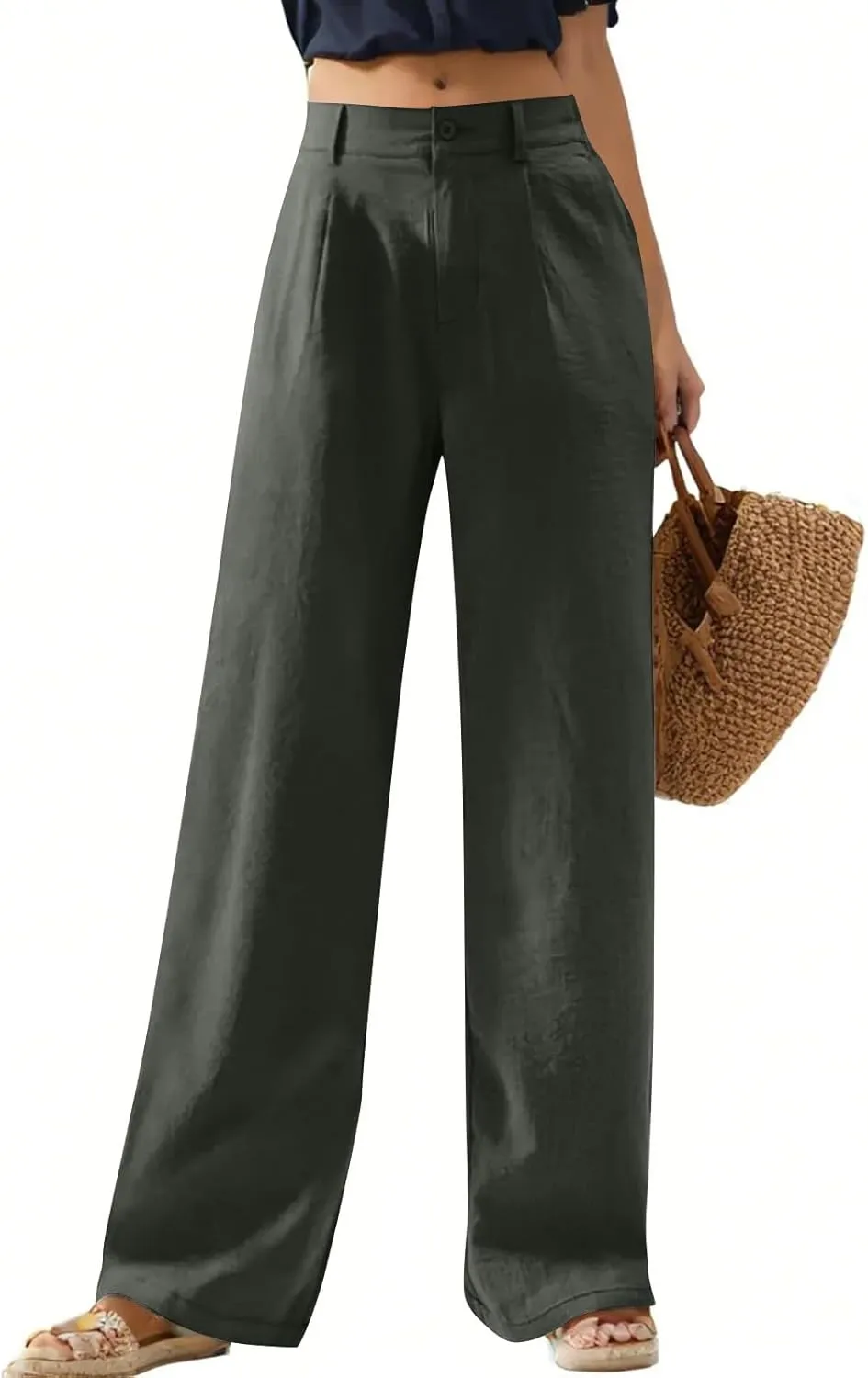 Linen Pants Women Summer Button Down Elastic High Waisted Straight Wide Leg Work Pants Business Casual Trouser Pants