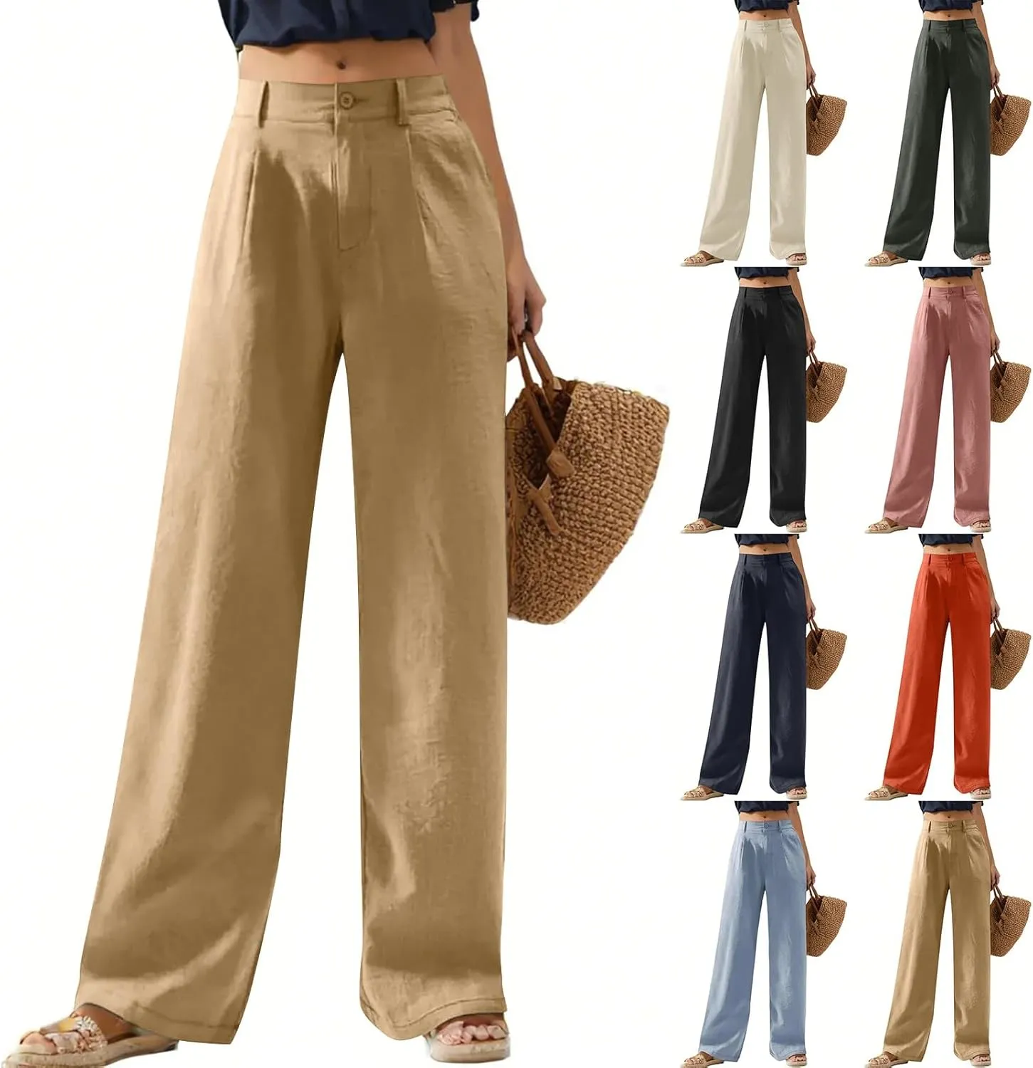 Linen Pants Women Summer Button Down Elastic High Waisted Straight Wide Leg Work Pants Business Casual Trouser Pants