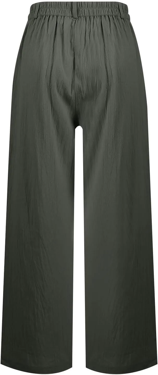 Linen Pants Women Summer Button Down Elastic High Waisted Straight Wide Leg Work Pants Business Casual Trouser Pants