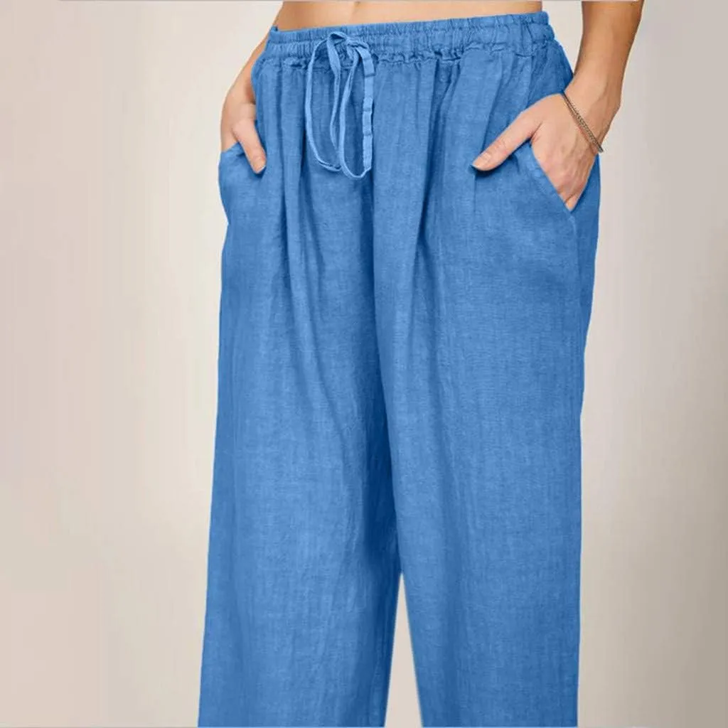 Linen Pants Women Summer Casual Wide Leg Palazzo Pants Baggy High Waisted Drawstring Lounge Trousers Beach Travel Outfits