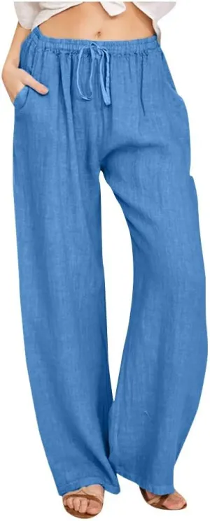 Linen Pants Women Summer Casual Wide Leg Palazzo Pants Baggy High Waisted Drawstring Lounge Trousers Beach Travel Outfits