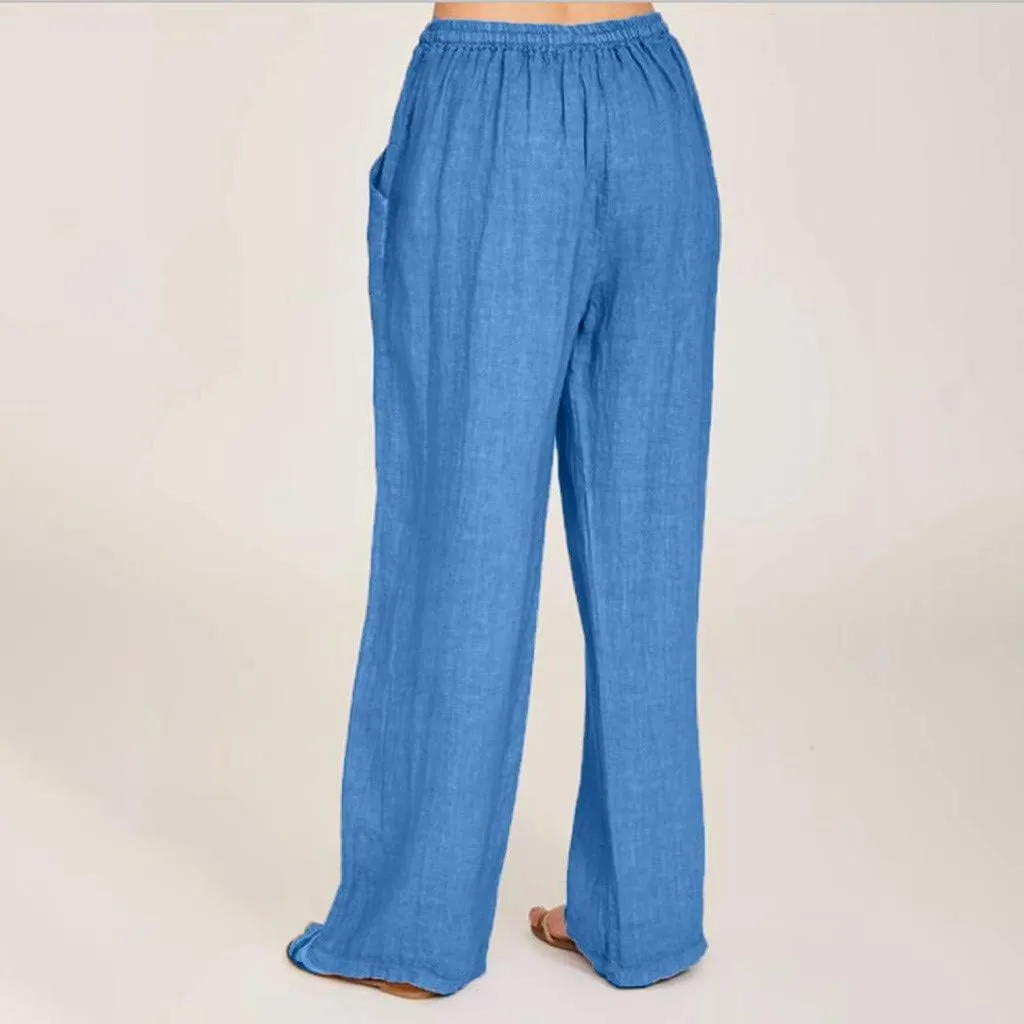Linen Pants Women Summer Casual Wide Leg Palazzo Pants Baggy High Waisted Drawstring Lounge Trousers Beach Travel Outfits