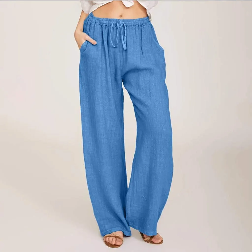 Linen Pants Women Summer Casual Wide Leg Palazzo Pants Baggy High Waisted Drawstring Lounge Trousers Beach Travel Outfits