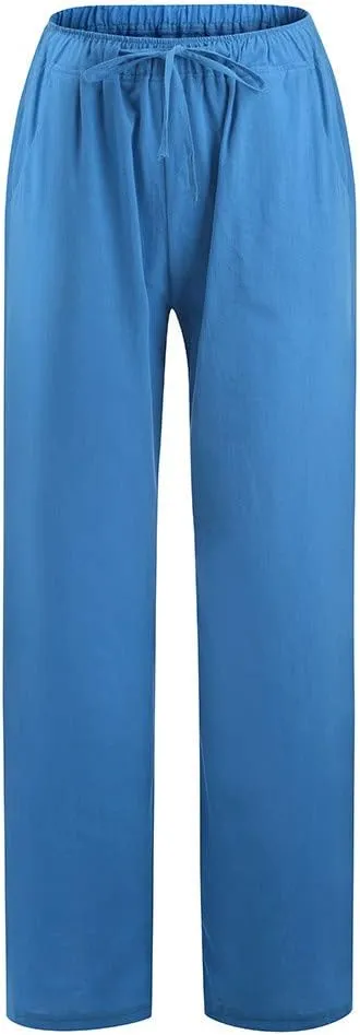 Linen Pants Women Summer Casual Wide Leg Palazzo Pants Baggy High Waisted Drawstring Lounge Trousers Beach Travel Outfits