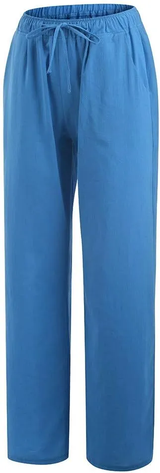 Linen Pants Women Summer Casual Wide Leg Palazzo Pants Baggy High Waisted Drawstring Lounge Trousers Beach Travel Outfits