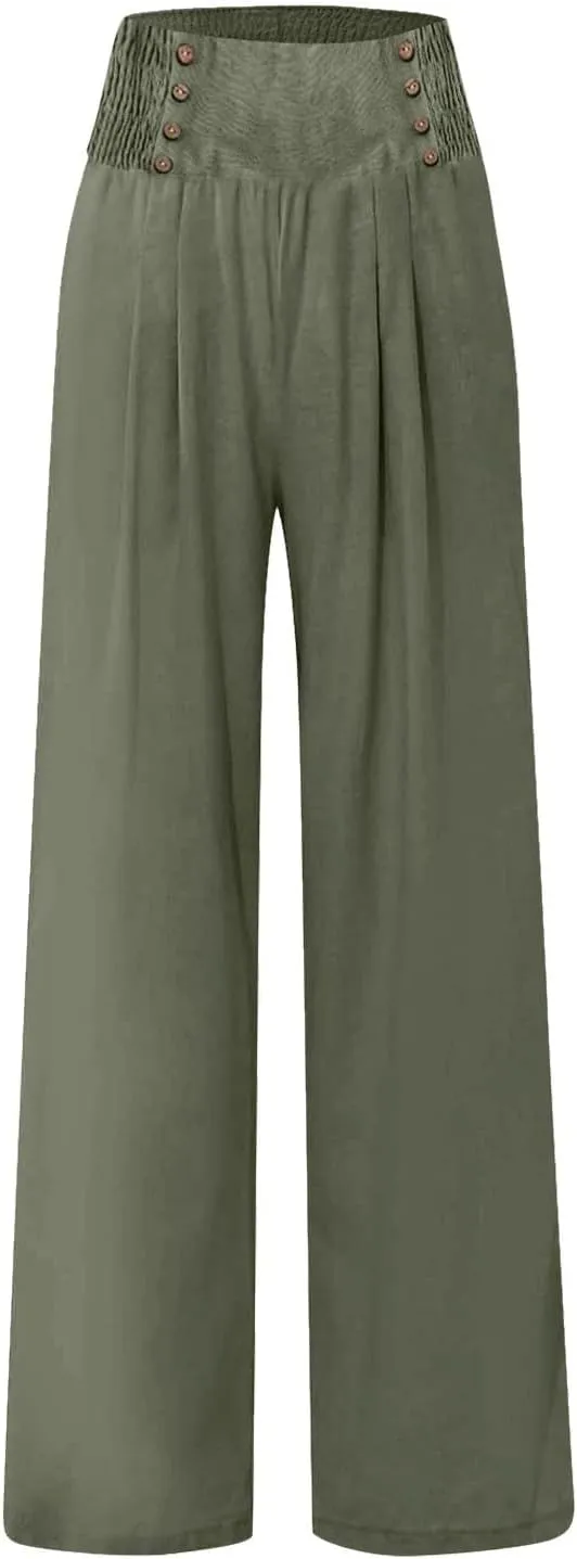 Linen Pants Women Summer Wide Leg Cotton Casual Trousers Loose Elastic Waist Button Pants with Pockets 2024