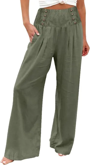 Linen Pants Women Summer Wide Leg Cotton Casual Trousers Loose Elastic Waist Button Pants with Pockets 2024