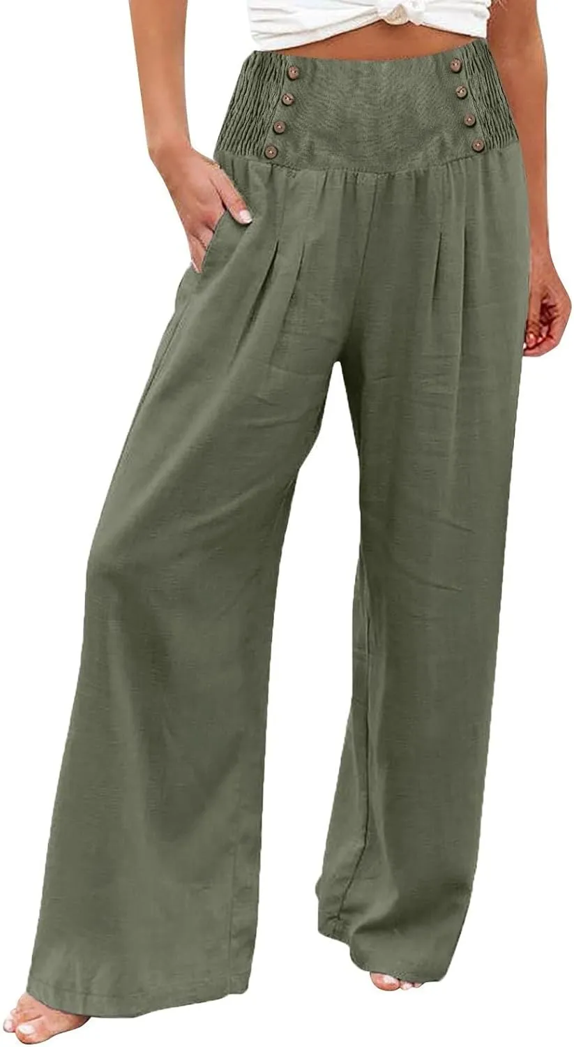 Linen Pants Women Summer Wide Leg Cotton Casual Trousers Loose Elastic Waist Button Pants with Pockets 2024