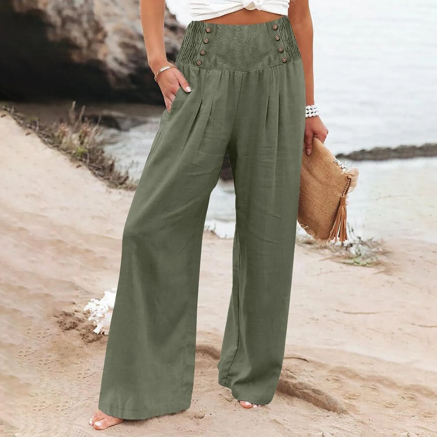 Linen Pants Women Summer Wide Leg Cotton Casual Trousers Loose Elastic Waist Button Pants with Pockets 2024