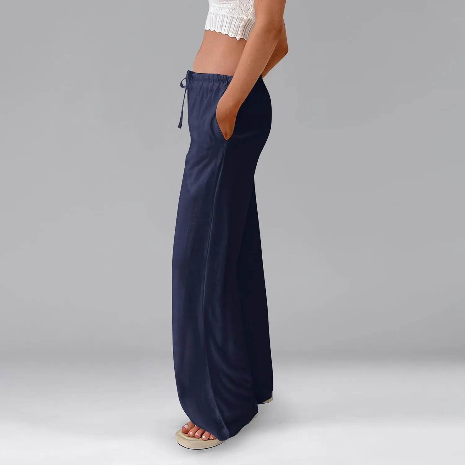 Linen Pants Women Summer Wide Leg Pants Drawstring Elastic Waist Trousers Baggy Maternity Palazzo Pant with Pockets