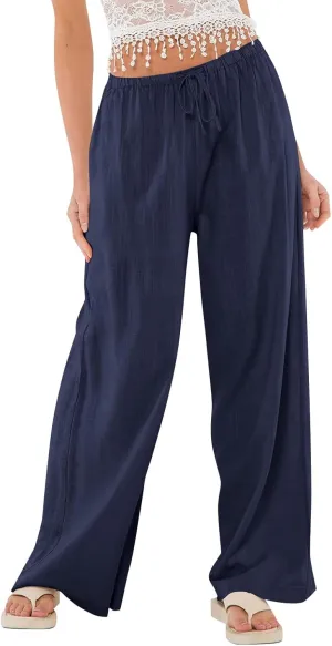 Linen Pants Women Summer Wide Leg Pants Drawstring Elastic Waist Trousers Baggy Maternity Palazzo Pant with Pockets