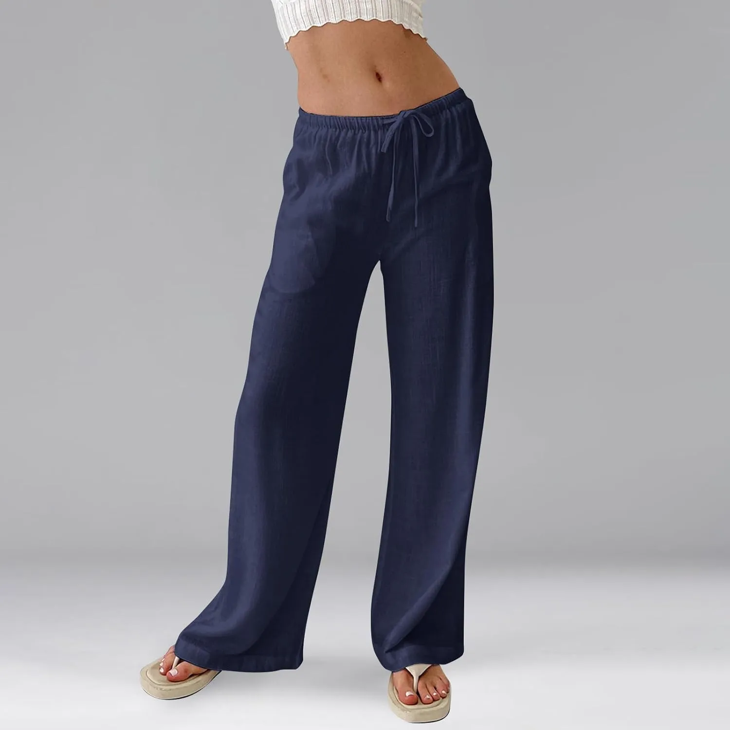 Linen Pants Women Summer Wide Leg Pants Drawstring Elastic Waist Trousers Baggy Maternity Palazzo Pant with Pockets