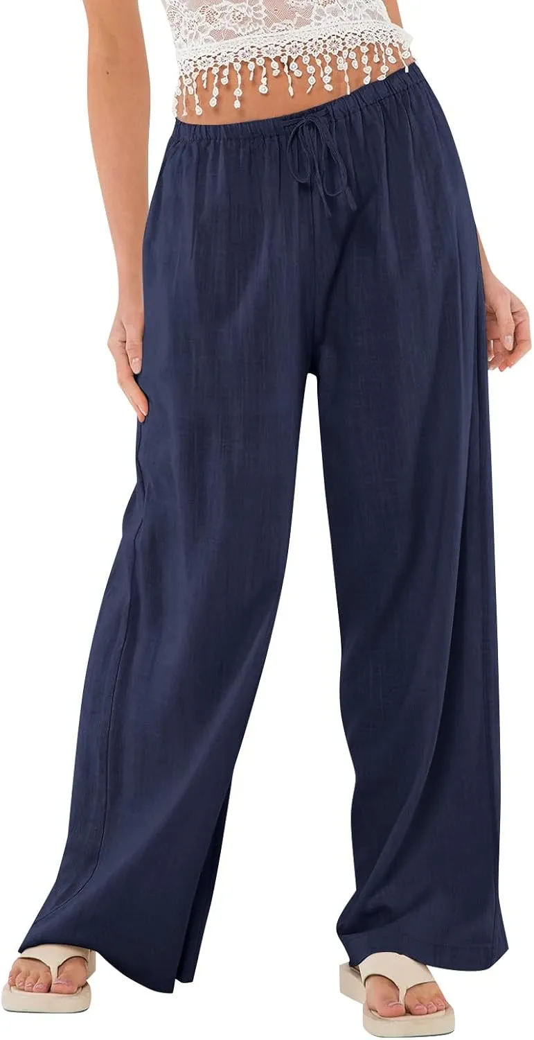 Linen Pants Women Summer Wide Leg Pants Drawstring Elastic Waist Trousers Baggy Maternity Palazzo Pant with Pockets