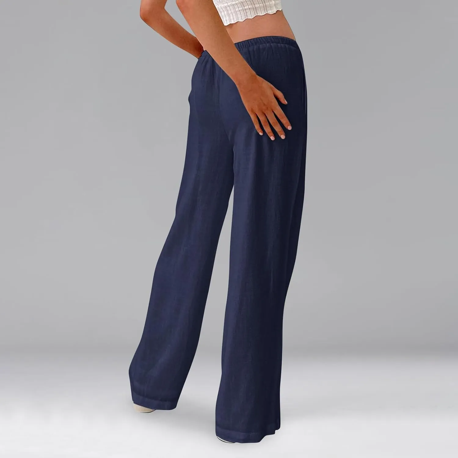 Linen Pants Women Summer Wide Leg Pants Drawstring Elastic Waist Trousers Baggy Maternity Palazzo Pant with Pockets