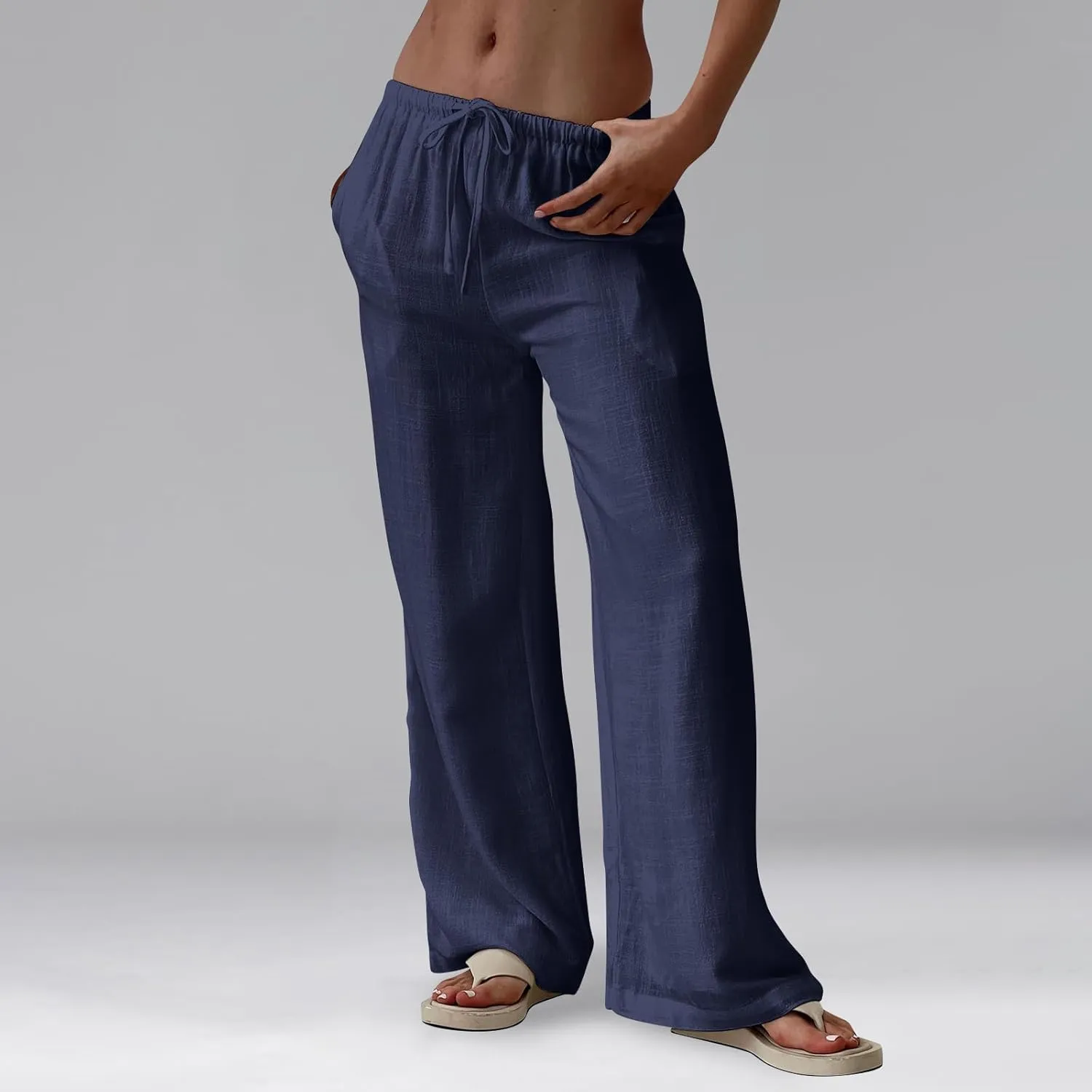 Linen Pants Women Summer Wide Leg Pants Drawstring Elastic Waist Trousers Baggy Maternity Palazzo Pant with Pockets