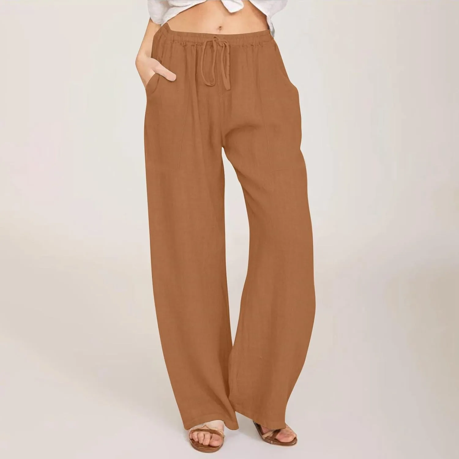 Linen Pants Women Summer,Wide Leg Casual Cotton Linen Pants High Waisted Drawstring Lounge Pants Beach Trousers