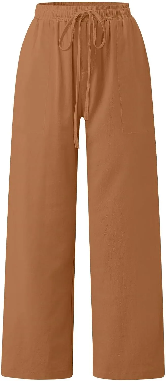 Linen Pants Women Summer,Wide Leg Casual Cotton Linen Pants High Waisted Drawstring Lounge Pants Beach Trousers