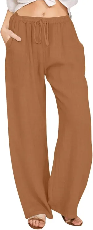 Linen Pants Women Summer,Wide Leg Casual Cotton Linen Pants High Waisted Drawstring Lounge Pants Beach Trousers