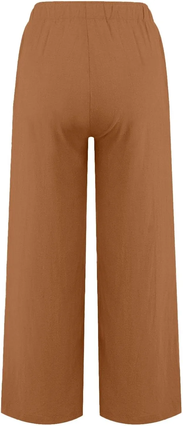 Linen Pants Women Summer,Wide Leg Casual Cotton Linen Pants High Waisted Drawstring Lounge Pants Beach Trousers