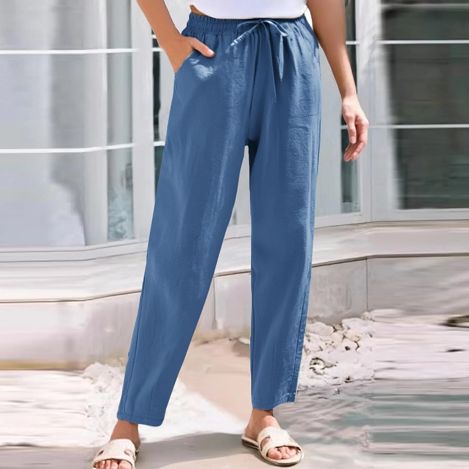 Linen Pants Women Wide Leg Palazzo Pants Drawstring Lounge Pants with Pockets High Elastic Waisted