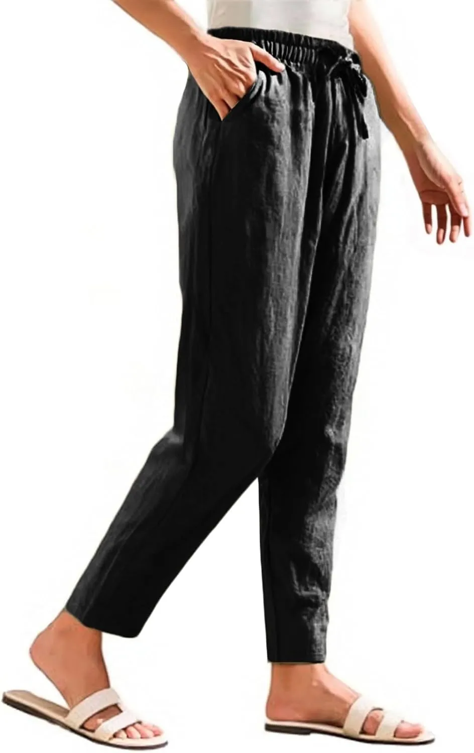 Linen Pants Women Wide Leg Palazzo Pants Drawstring Lounge Pants with Pockets High Elastic Waisted