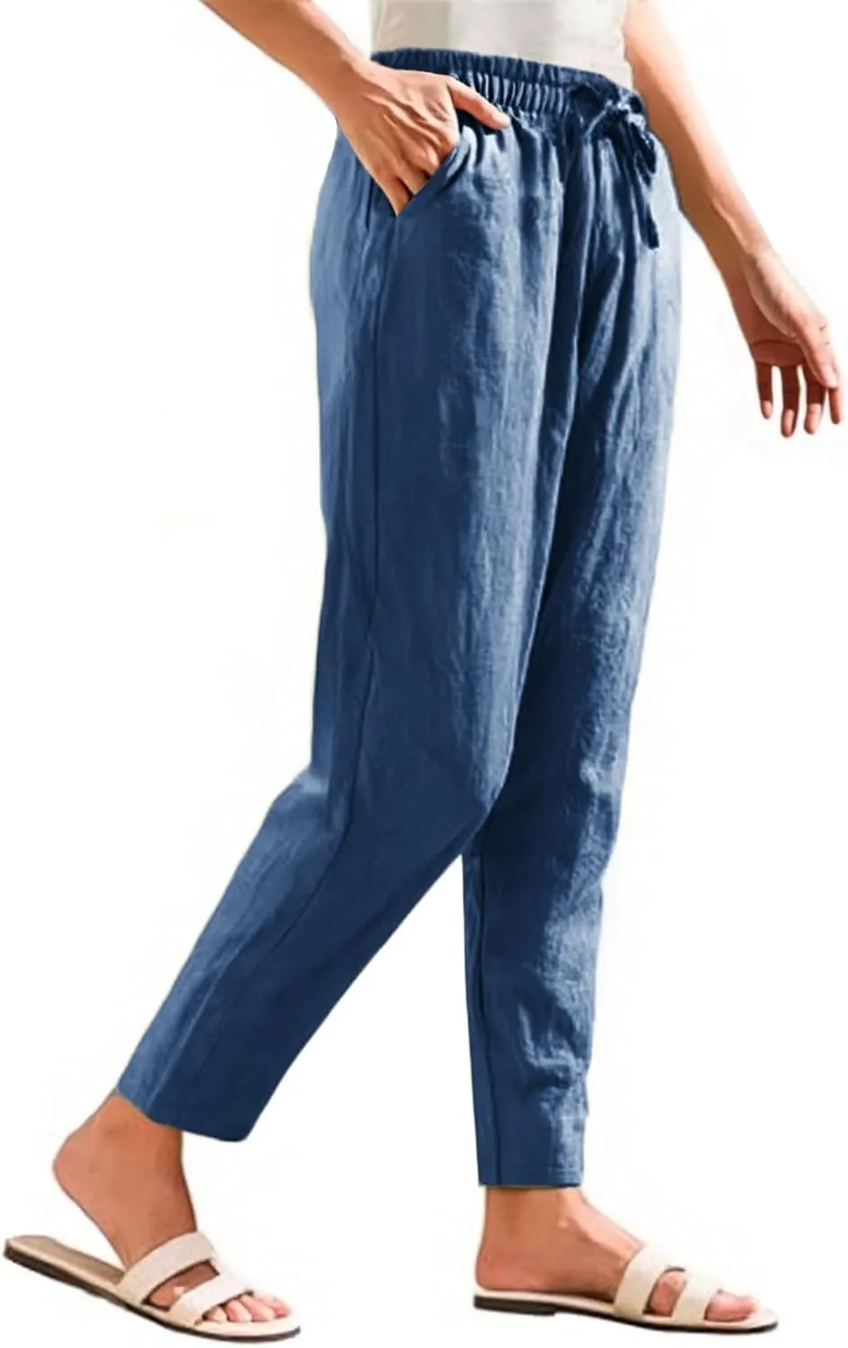 Linen Pants Women Wide Leg Palazzo Pants Drawstring Lounge Pants with Pockets High Elastic Waisted