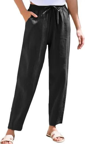 Linen Pants Women Wide Leg Palazzo Pants Drawstring Lounge Pants with Pockets High Elastic Waisted